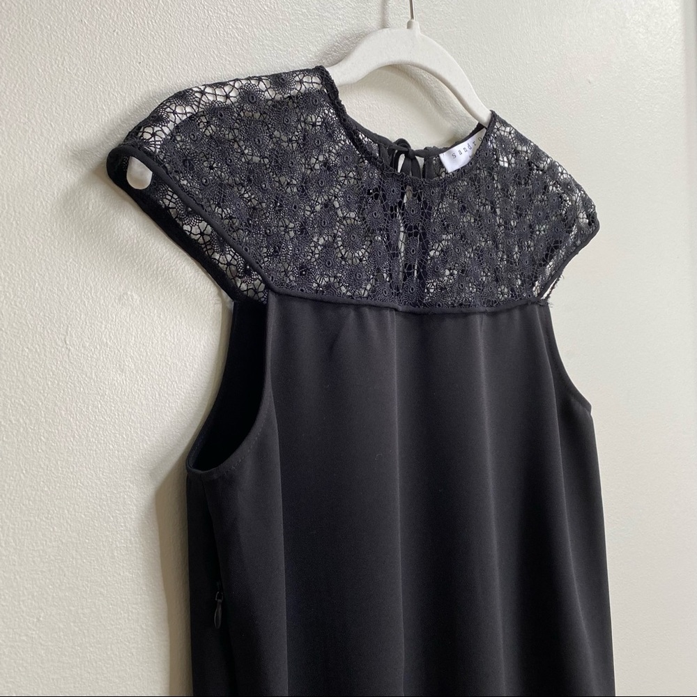 Sandro Paris Black Lace Yoke Cap Sleeve Shift Dress Size 1 / Small - Picture 5 of 16
